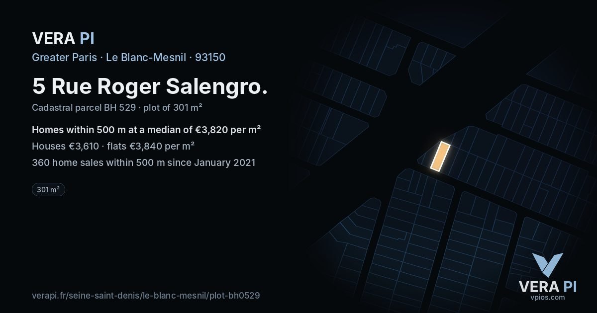 5 Rue Roger Salengro, Le Blanc-Mesnil at night – the plot lit, the parcels around coloured by the prices near them