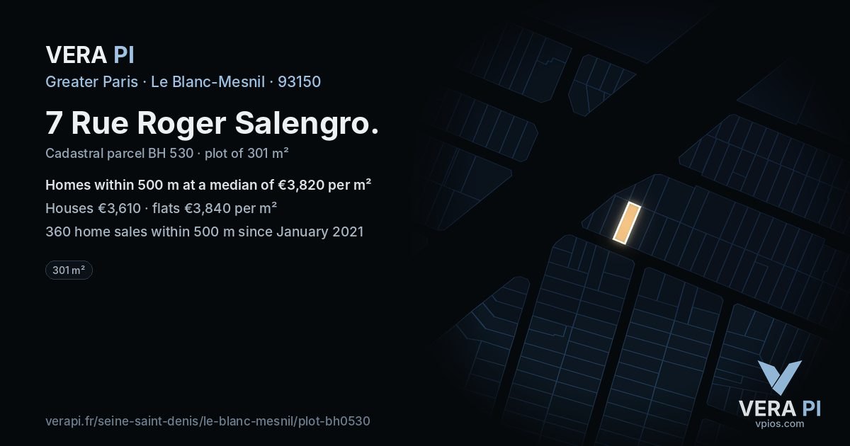 7 Rue Roger Salengro, Le Blanc-Mesnil at night – the plot lit, the parcels around coloured by the prices near them