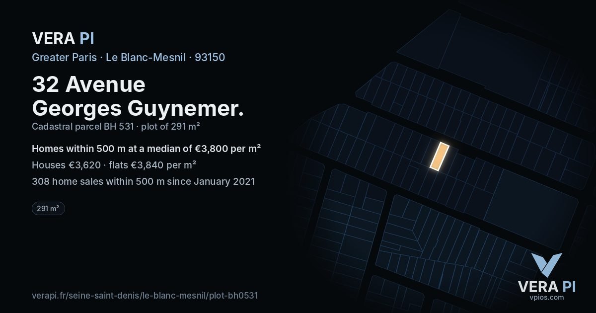 32 Avenue Georges Guynemer, Le Blanc-Mesnil at night – the plot lit, the parcels around coloured by the prices near them