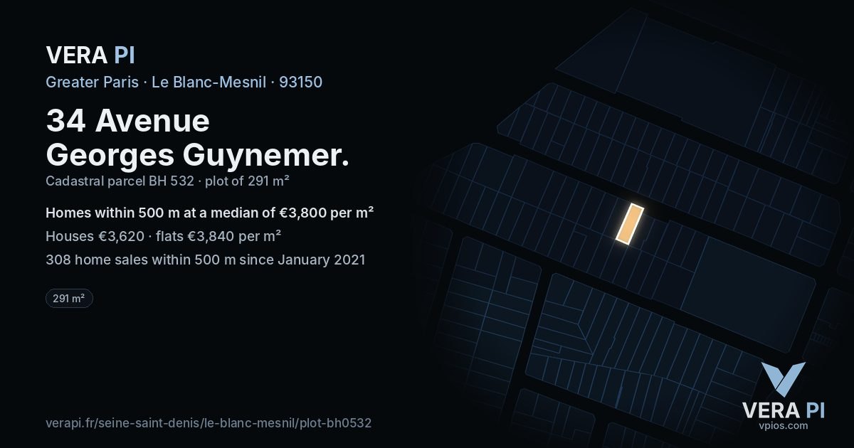 34 Avenue Georges Guynemer, Le Blanc-Mesnil at night – the plot lit, the parcels around coloured by the prices near them