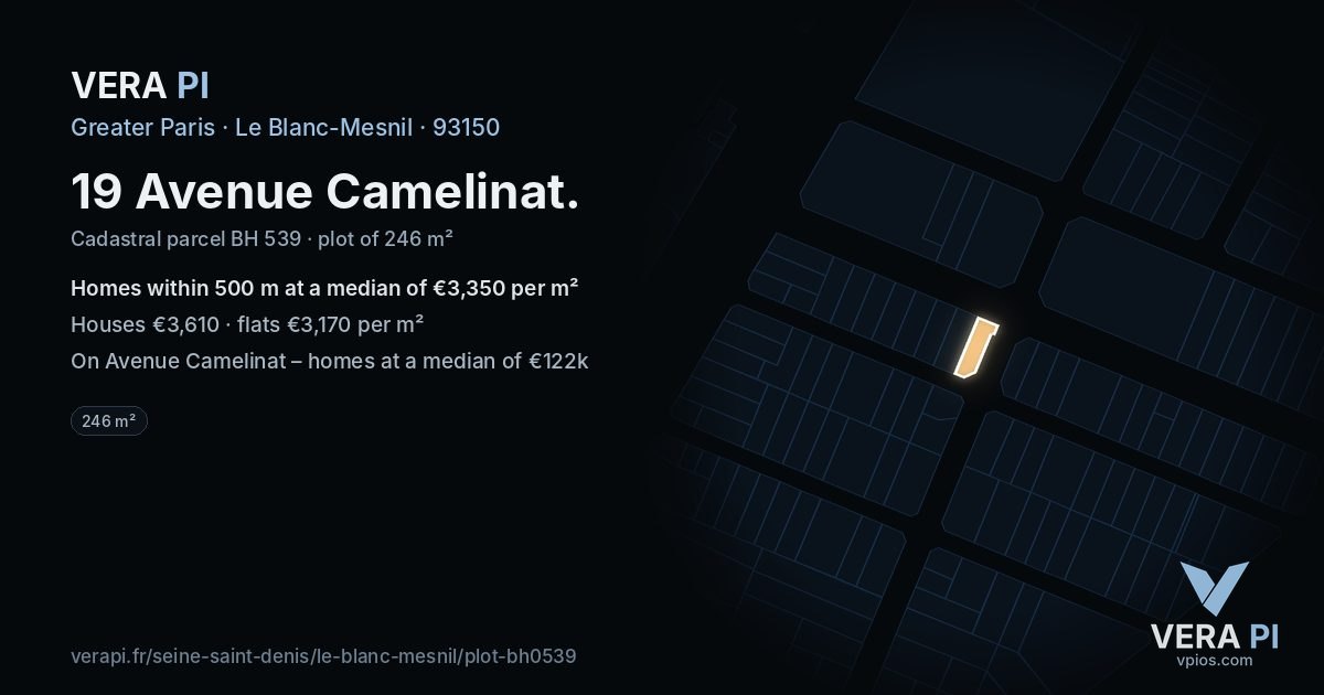 19 Avenue Camelinat, Le Blanc-Mesnil at night – the plot lit, the parcels around coloured by the prices near them