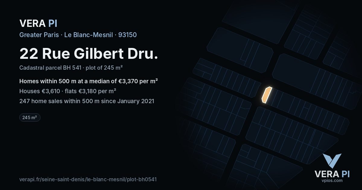 22 Rue Gilbert Dru, Le Blanc-Mesnil at night – the plot lit, the parcels around coloured by the prices near them