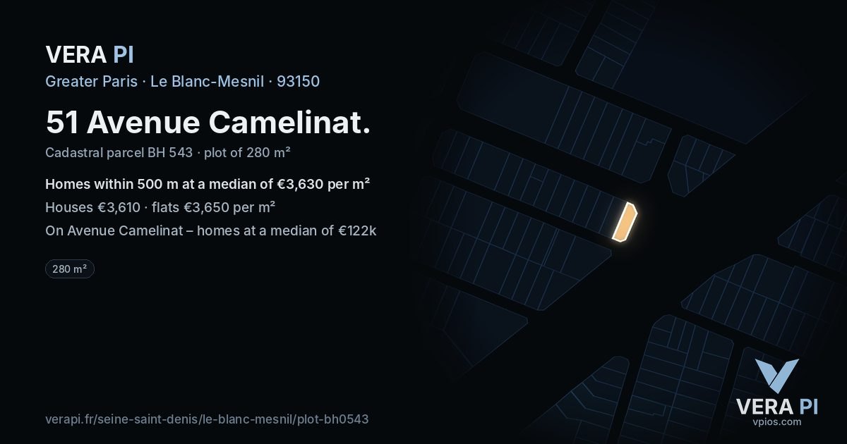 51 Avenue Camelinat, Le Blanc-Mesnil at night – the plot lit, the parcels around coloured by the prices near them