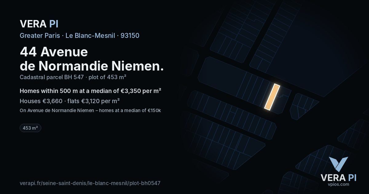 44 Avenue de Normandie Niemen, Le Blanc-Mesnil at night – the plot lit, the parcels around coloured by the prices near them