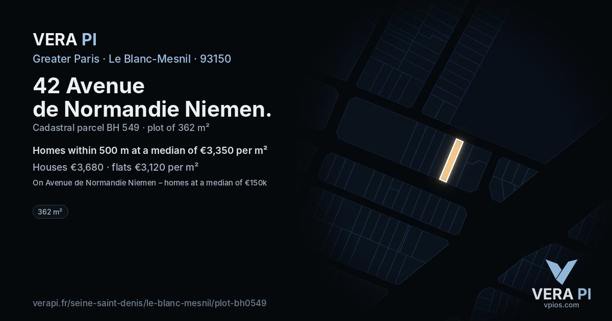 42 Avenue de Normandie Niemen, Le Blanc-Mesnil at night – the plot lit, the parcels around coloured by the prices near them
