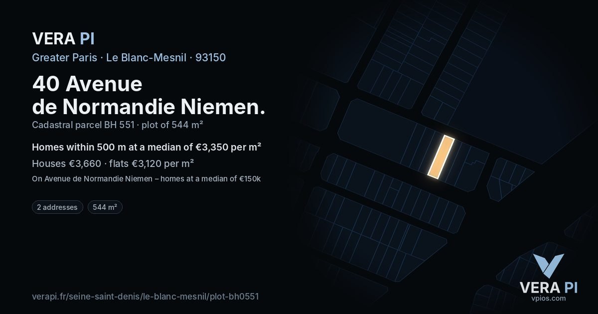 40 Avenue de Normandie Niemen, Le Blanc-Mesnil at night – the plot lit, the parcels around coloured by the prices near them
