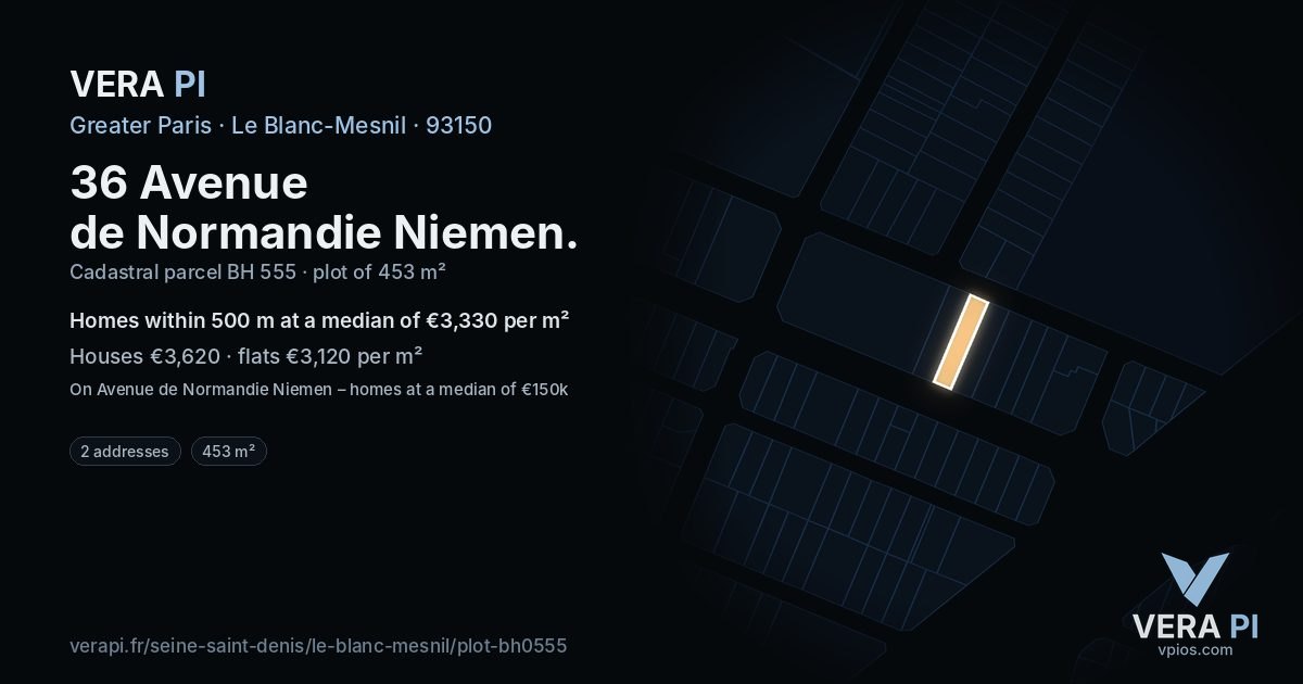 36 Avenue de Normandie Niemen, Le Blanc-Mesnil at night – the plot lit, the parcels around coloured by the prices near them