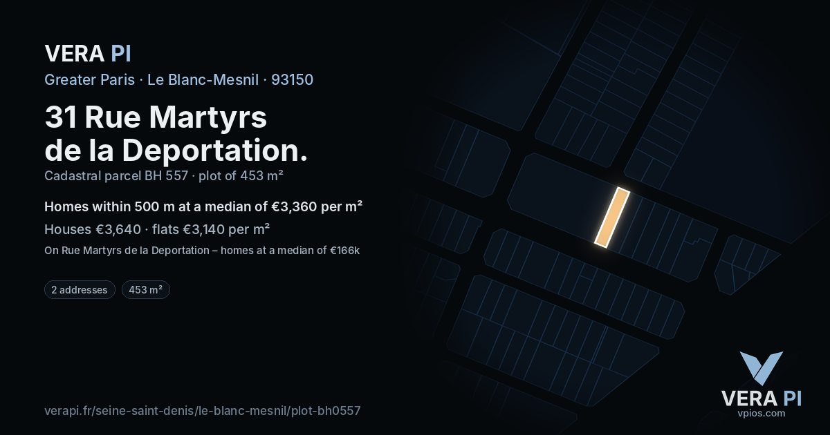 31 Rue Martyrs de la Deportation, Le Blanc-Mesnil at night – the plot lit, the parcels around coloured by the prices near them