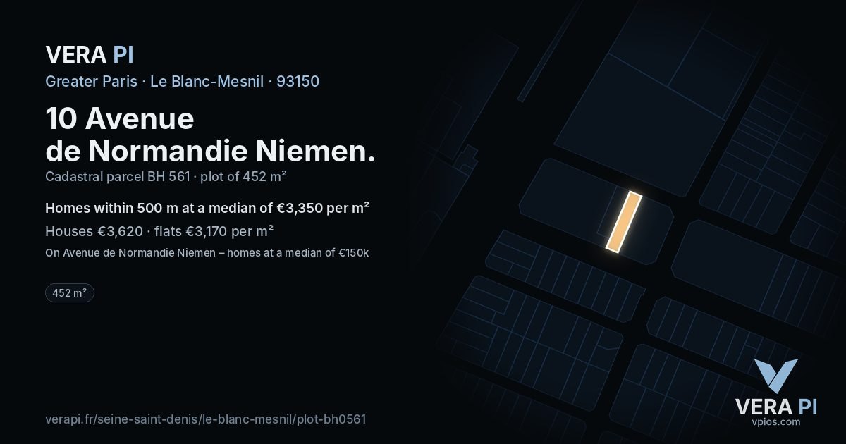 10 Avenue de Normandie Niemen, Le Blanc-Mesnil at night – the plot lit, the parcels around coloured by the prices near them