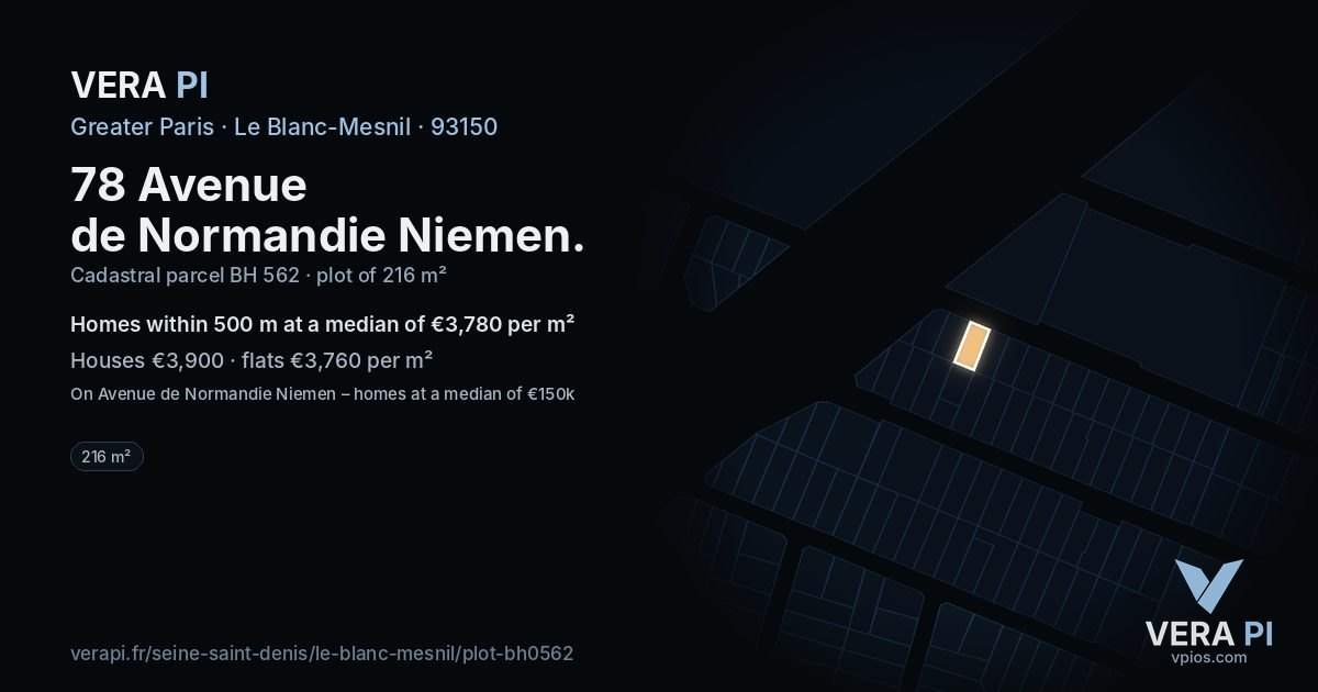 78 Avenue de Normandie Niemen, Le Blanc-Mesnil at night – the plot lit, the parcels around coloured by the prices near them