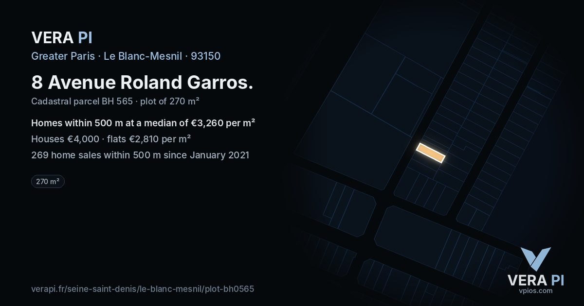 8 Avenue Roland Garros, Le Blanc-Mesnil at night – the plot lit, the parcels around coloured by the prices near them