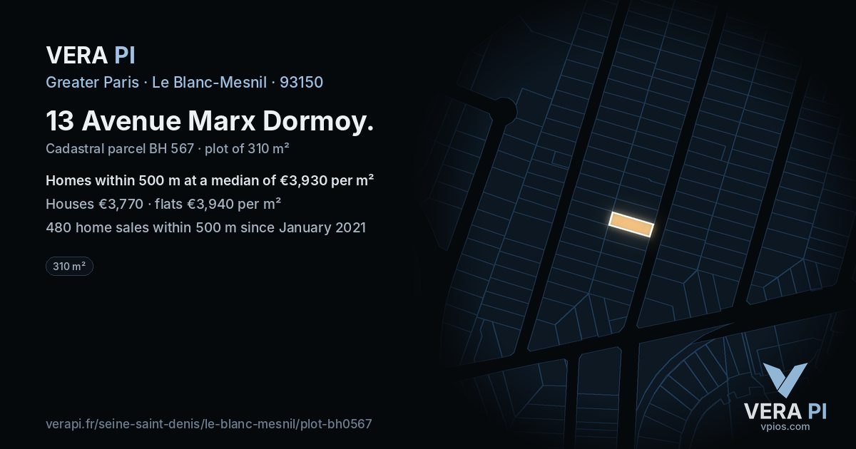 13 Avenue Marx Dormoy, Le Blanc-Mesnil at night – the plot lit, the parcels around coloured by the prices near them