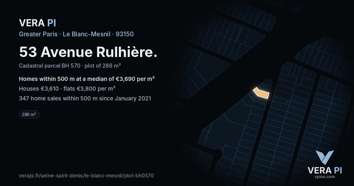 53 Avenue Rulhière, Le Blanc-Mesnil at night – the plot lit, the parcels around coloured by the prices near them