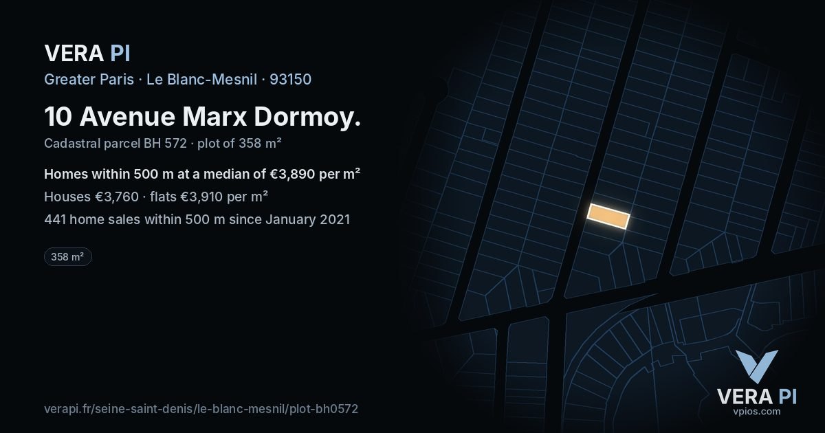 10 Avenue Marx Dormoy, Le Blanc-Mesnil at night – the plot lit, the parcels around coloured by the prices near them