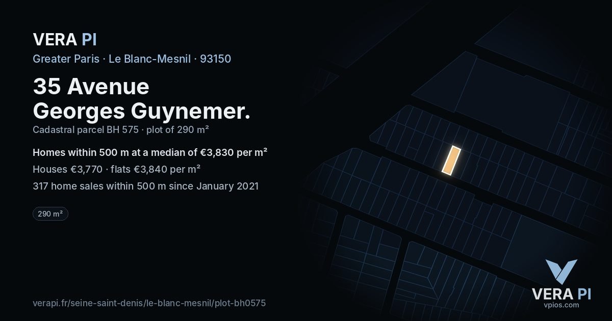 35 Avenue Georges Guynemer, Le Blanc-Mesnil at night – the plot lit, the parcels around coloured by the prices near them