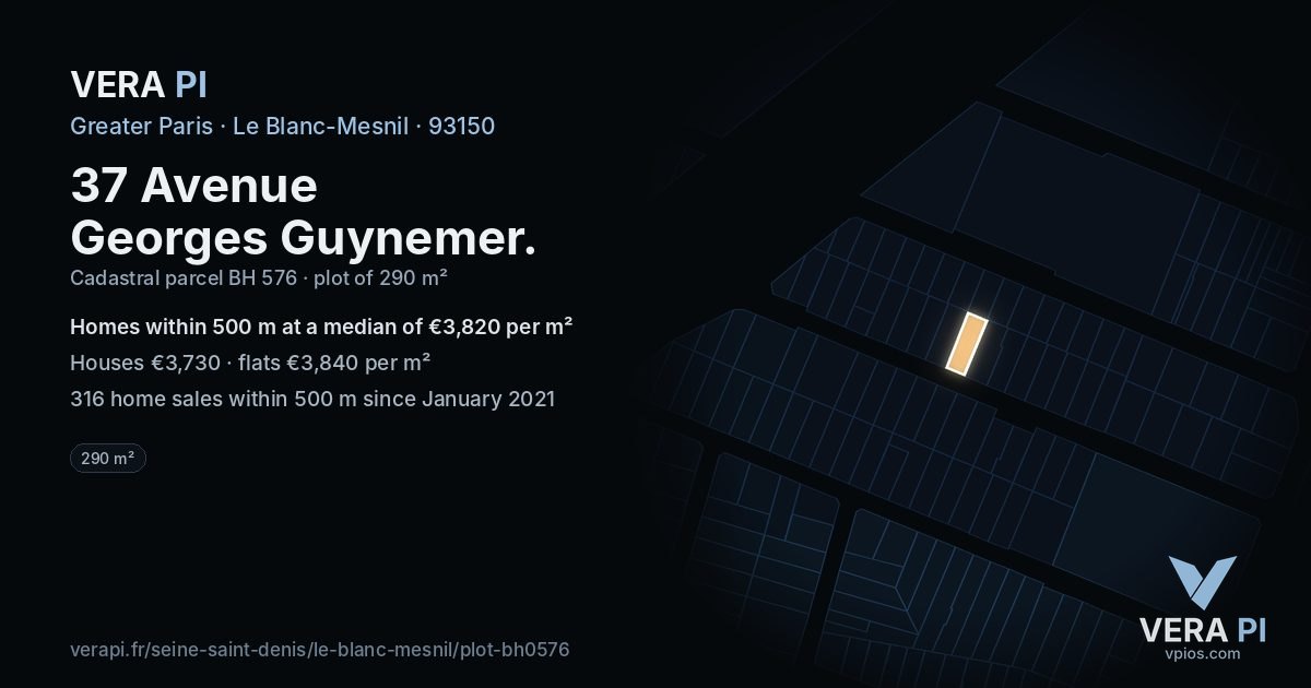 37 Avenue Georges Guynemer, Le Blanc-Mesnil at night – the plot lit, the parcels around coloured by the prices near them