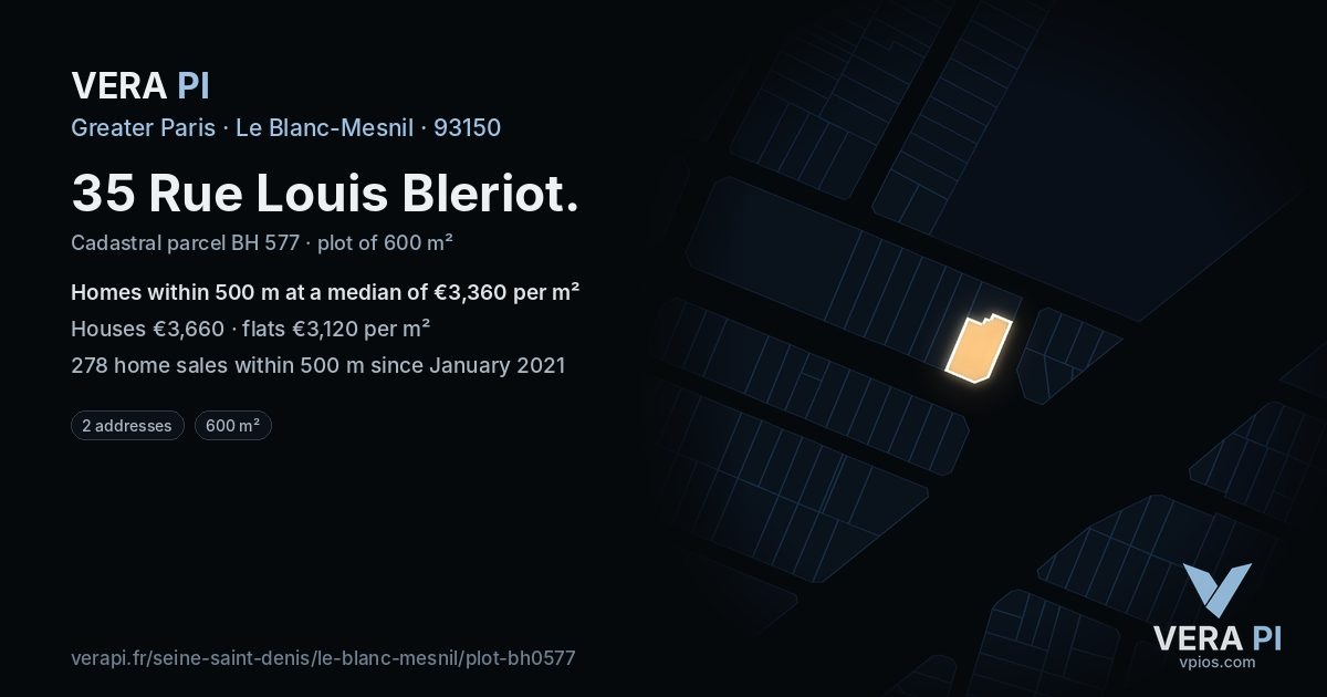 35 Rue Louis Bleriot, Le Blanc-Mesnil at night – the plot lit, the parcels around coloured by the prices near them