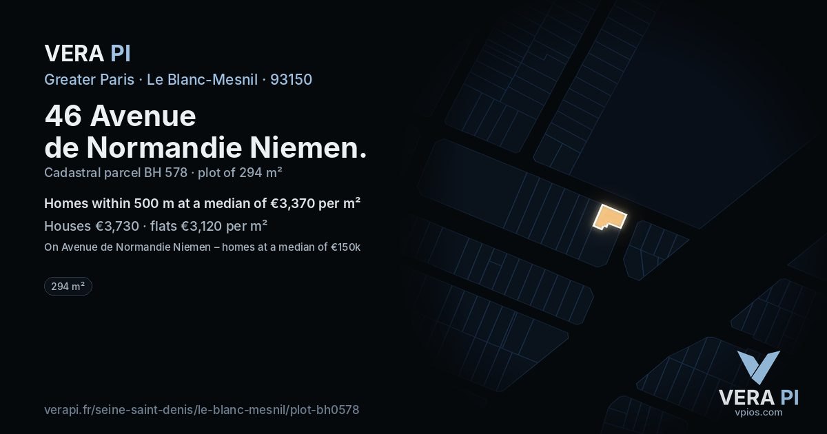 46 Avenue de Normandie Niemen, Le Blanc-Mesnil at night – the plot lit, the parcels around coloured by the prices near them