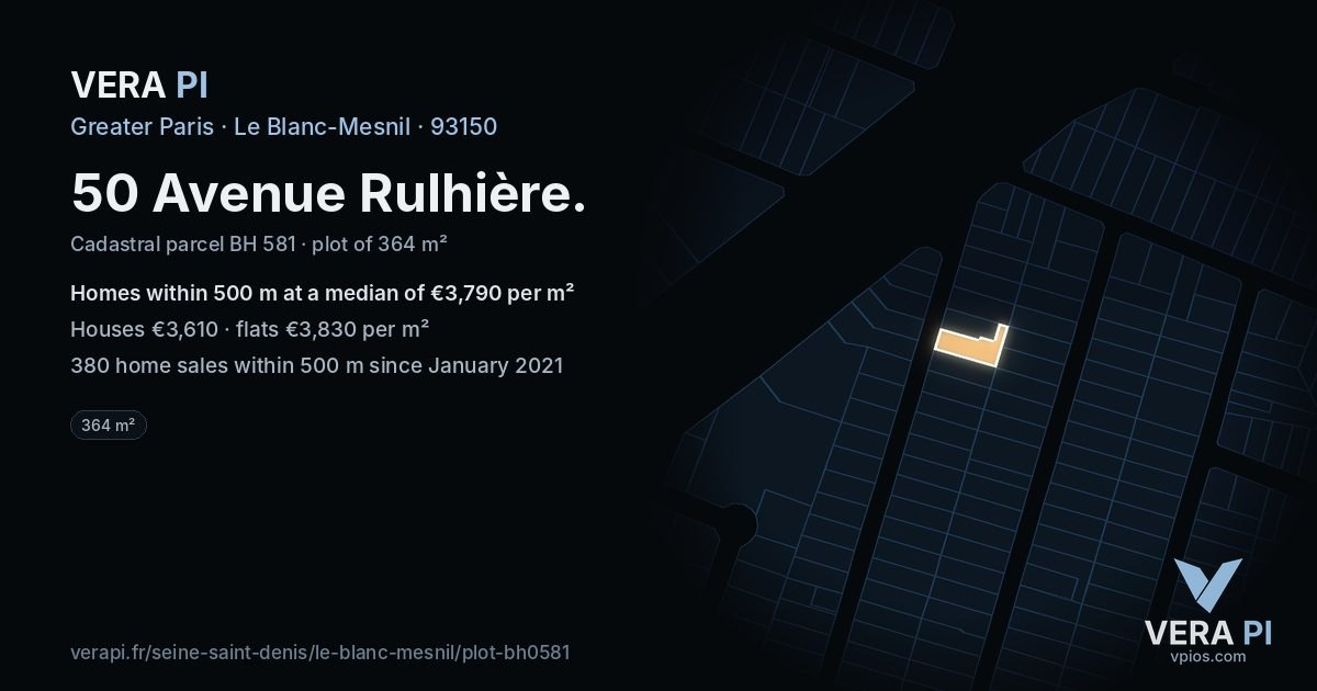 50 Avenue Rulhière, Le Blanc-Mesnil at night – the plot lit, the parcels around coloured by the prices near them