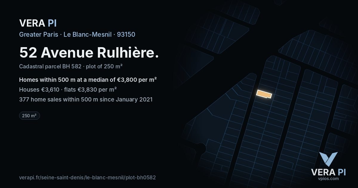 52 Avenue Rulhière, Le Blanc-Mesnil at night – the plot lit, the parcels around coloured by the prices near them