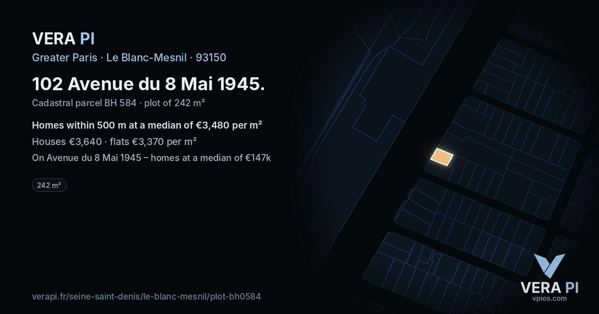 102 Avenue du 8 Mai 1945, Le Blanc-Mesnil at night – the plot lit, the parcels around coloured by the prices near them
