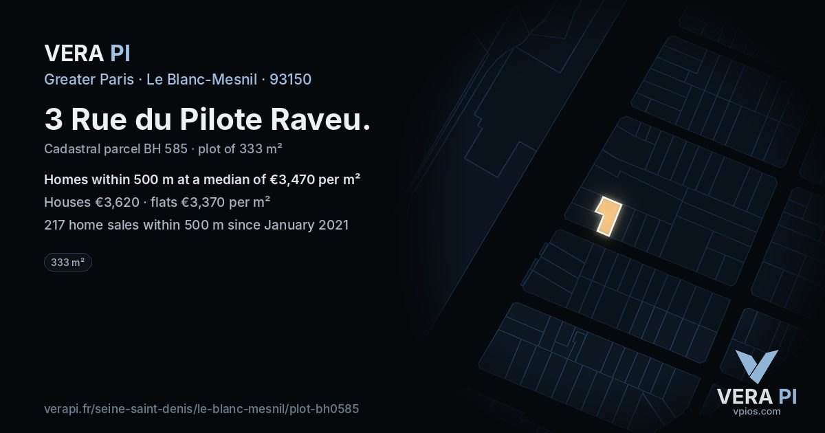 3 Rue du Pilote Raveu, Le Blanc-Mesnil at night – the plot lit, the parcels around coloured by the prices near them