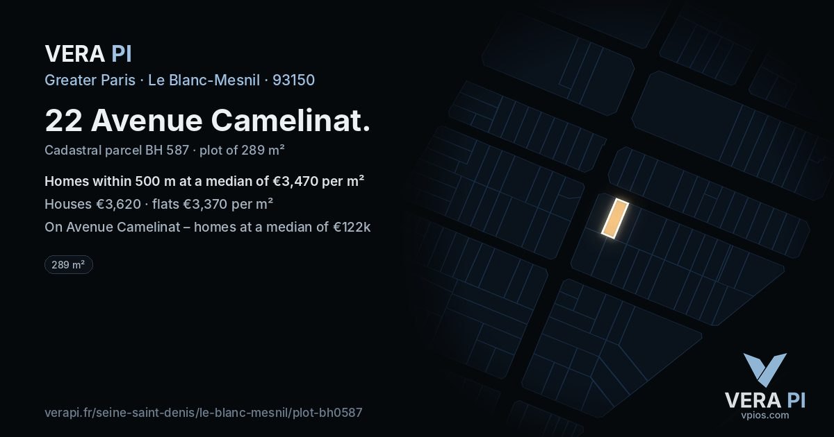 22 Avenue Camelinat, Le Blanc-Mesnil at night – the plot lit, the parcels around coloured by the prices near them