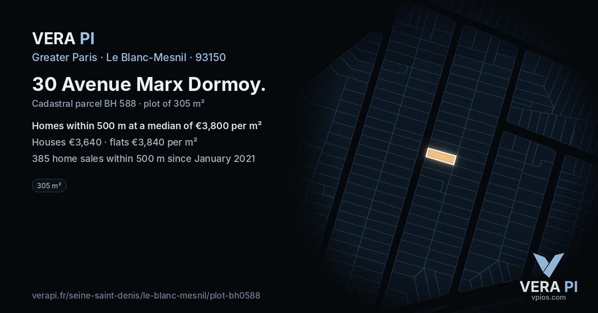 30 Avenue Marx Dormoy, Le Blanc-Mesnil at night – the plot lit, the parcels around coloured by the prices near them