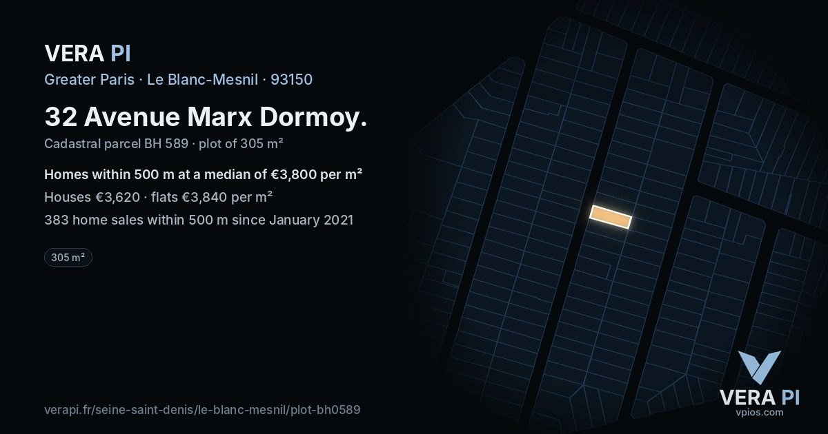 32 Avenue Marx Dormoy, Le Blanc-Mesnil at night – the plot lit, the parcels around coloured by the prices near them
