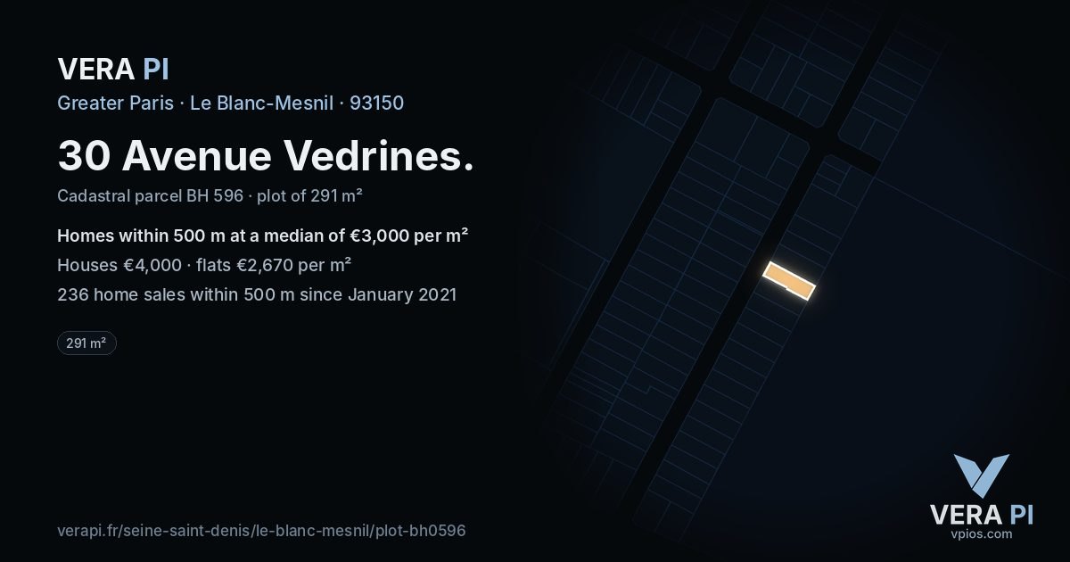 30 Avenue Vedrines, Le Blanc-Mesnil at night – the plot lit, the parcels around coloured by the prices near them