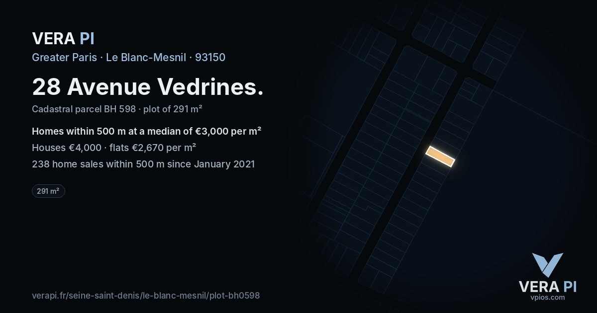 28 Avenue Vedrines, Le Blanc-Mesnil at night – the plot lit, the parcels around coloured by the prices near them