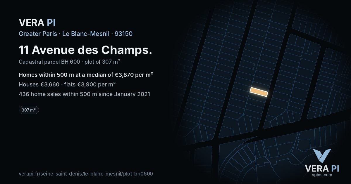 11 Avenue des Champs, Le Blanc-Mesnil at night – the plot lit, the parcels around coloured by the prices near them