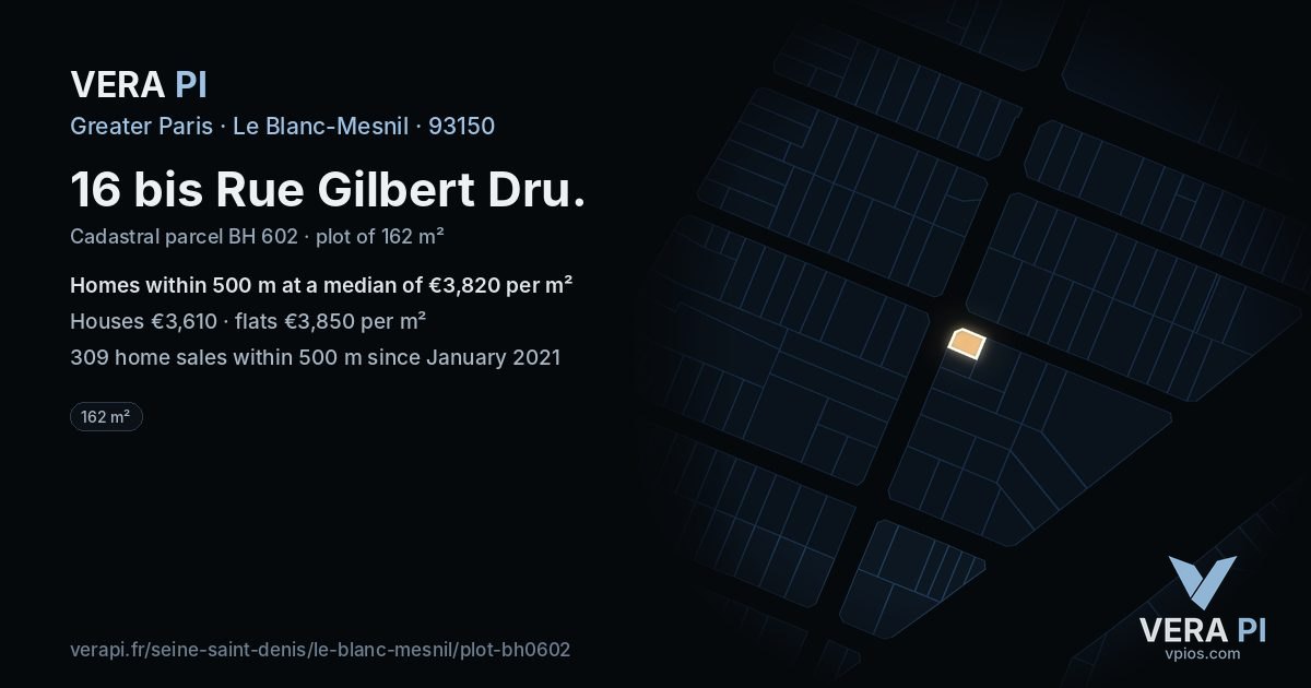 16 bis Rue Gilbert Dru, Le Blanc-Mesnil at night – the plot lit, the parcels around coloured by the prices near them