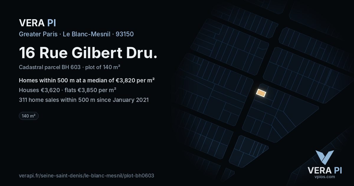 16 Rue Gilbert Dru, Le Blanc-Mesnil at night – the plot lit, the parcels around coloured by the prices near them