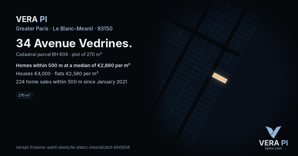 34 Avenue Vedrines, Le Blanc-Mesnil at night – the plot lit, the parcels around coloured by the prices near them