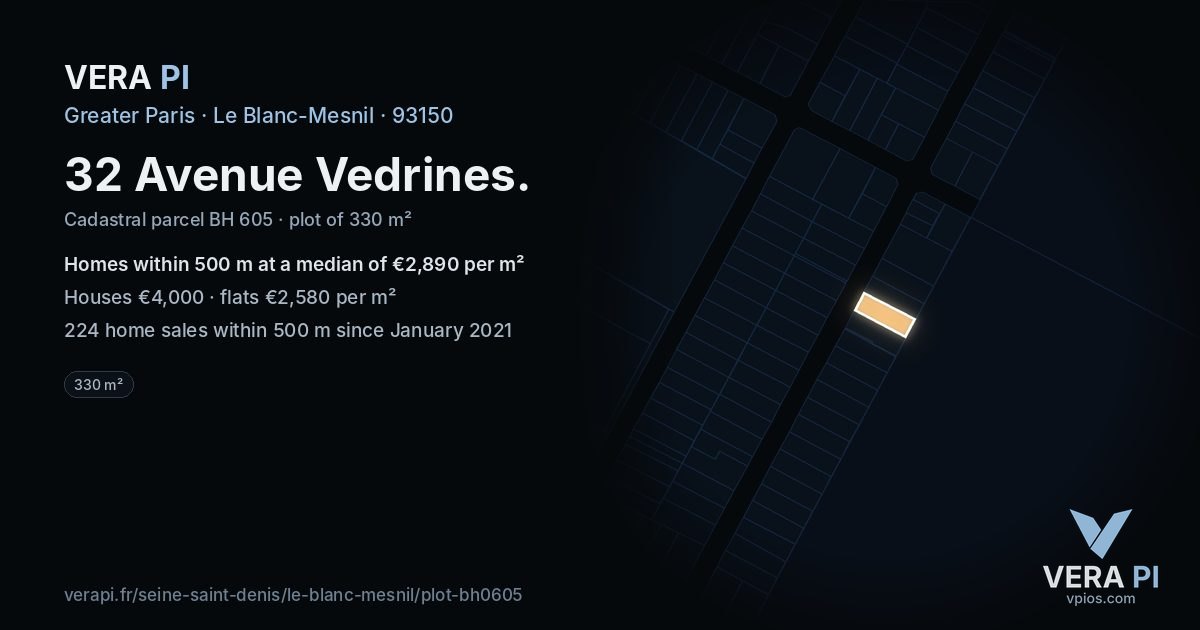 32 Avenue Vedrines, Le Blanc-Mesnil at night – the plot lit, the parcels around coloured by the prices near them