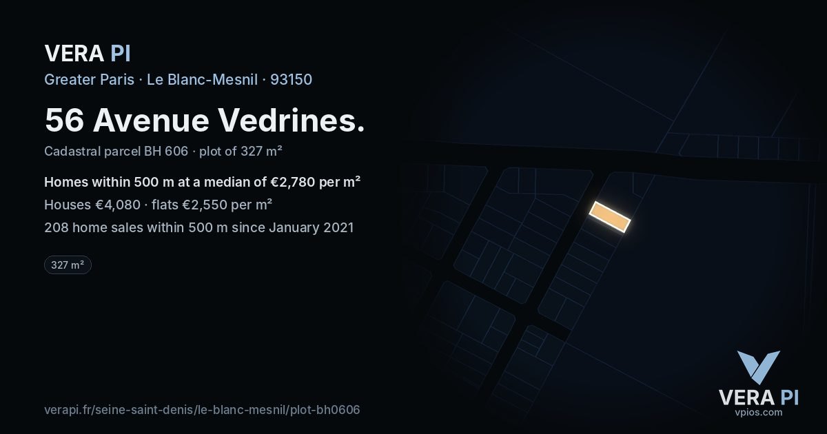 56 Avenue Vedrines, Le Blanc-Mesnil at night – the plot lit, the parcels around coloured by the prices near them