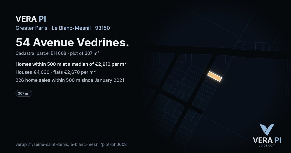 54 Avenue Vedrines, Le Blanc-Mesnil at night – the plot lit, the parcels around coloured by the prices near them