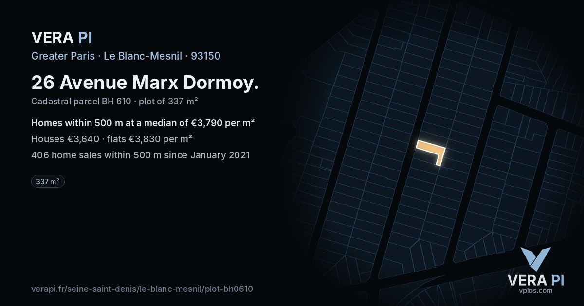 26 Avenue Marx Dormoy, Le Blanc-Mesnil at night – the plot lit, the parcels around coloured by the prices near them
