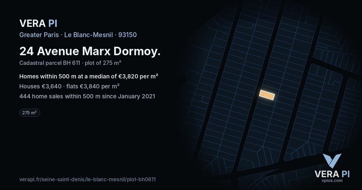 24 Avenue Marx Dormoy, Le Blanc-Mesnil at night – the plot lit, the parcels around coloured by the prices near them