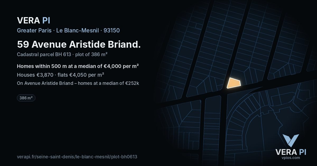 59 Avenue Aristide Briand, Le Blanc-Mesnil at night – the plot lit, the parcels around coloured by the prices near them