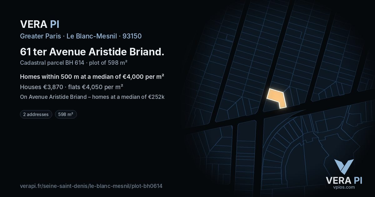 61 ter Avenue Aristide Briand, Le Blanc-Mesnil at night – the plot lit, the parcels around coloured by the prices near them