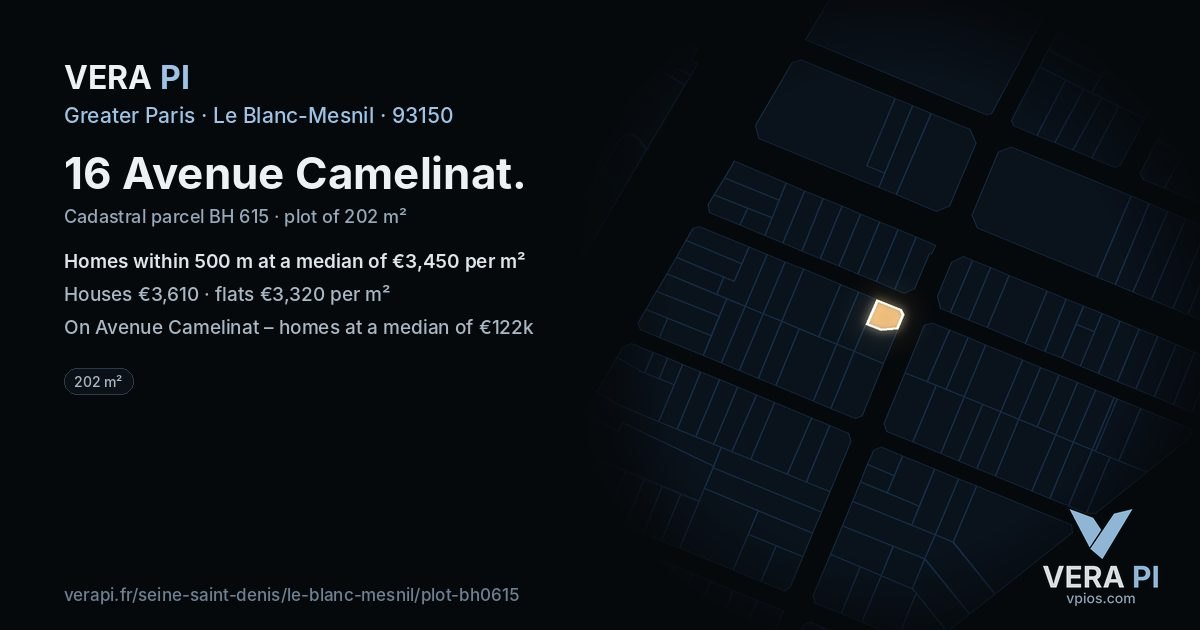 16 Avenue Camelinat, Le Blanc-Mesnil at night – the plot lit, the parcels around coloured by the prices near them
