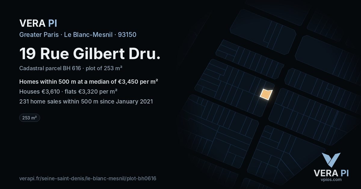 19 Rue Gilbert Dru, Le Blanc-Mesnil at night – the plot lit, the parcels around coloured by the prices near them
