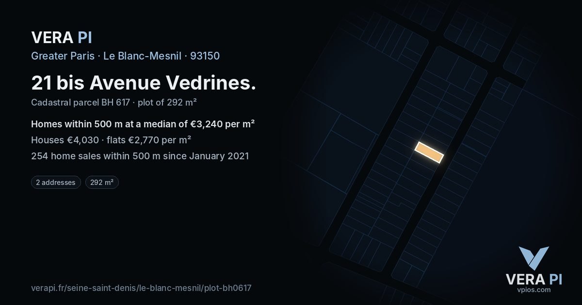21 bis Avenue Vedrines, Le Blanc-Mesnil at night – the plot lit, the parcels around coloured by the prices near them