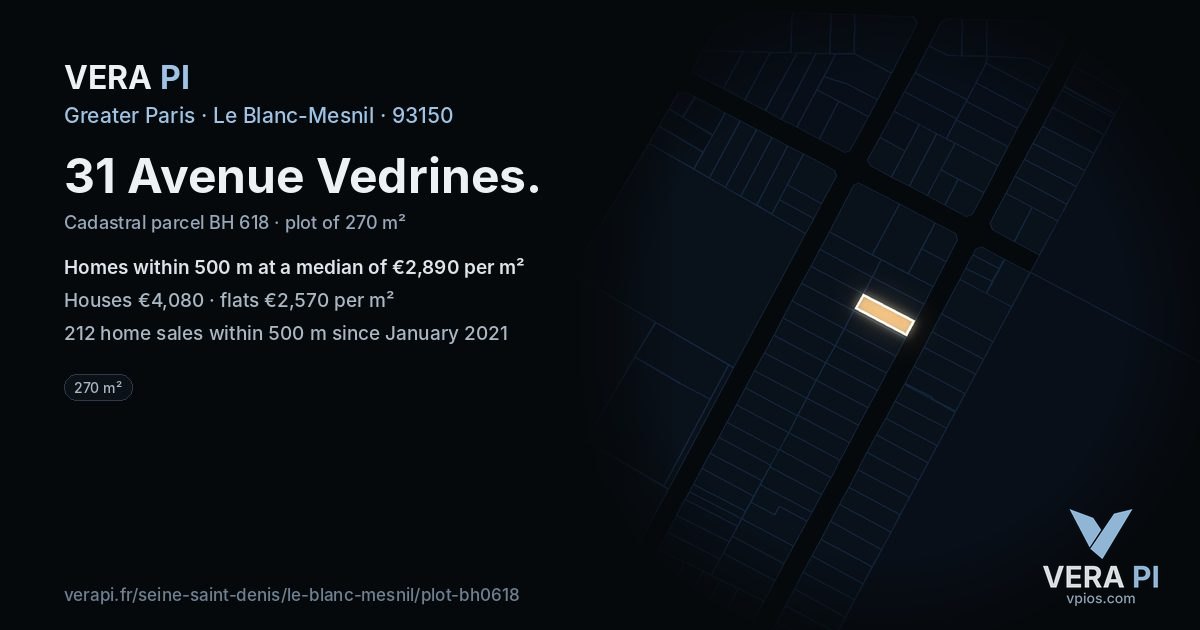 31 Avenue Vedrines, Le Blanc-Mesnil at night – the plot lit, the parcels around coloured by the prices near them