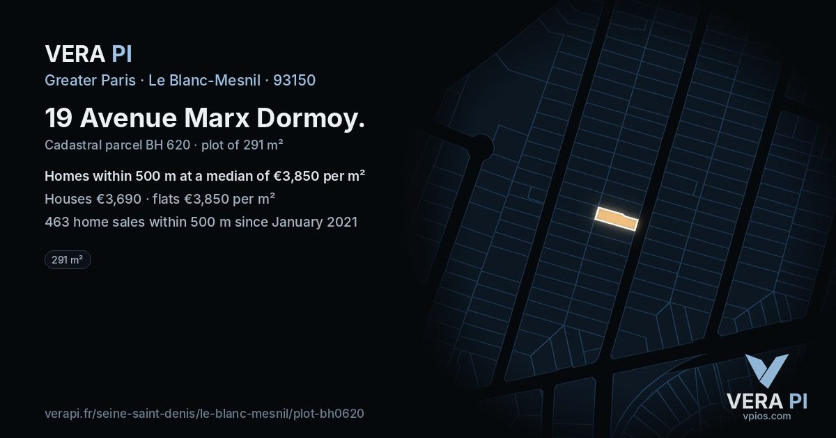 19 Avenue Marx Dormoy, Le Blanc-Mesnil at night – the plot lit, the parcels around coloured by the prices near them