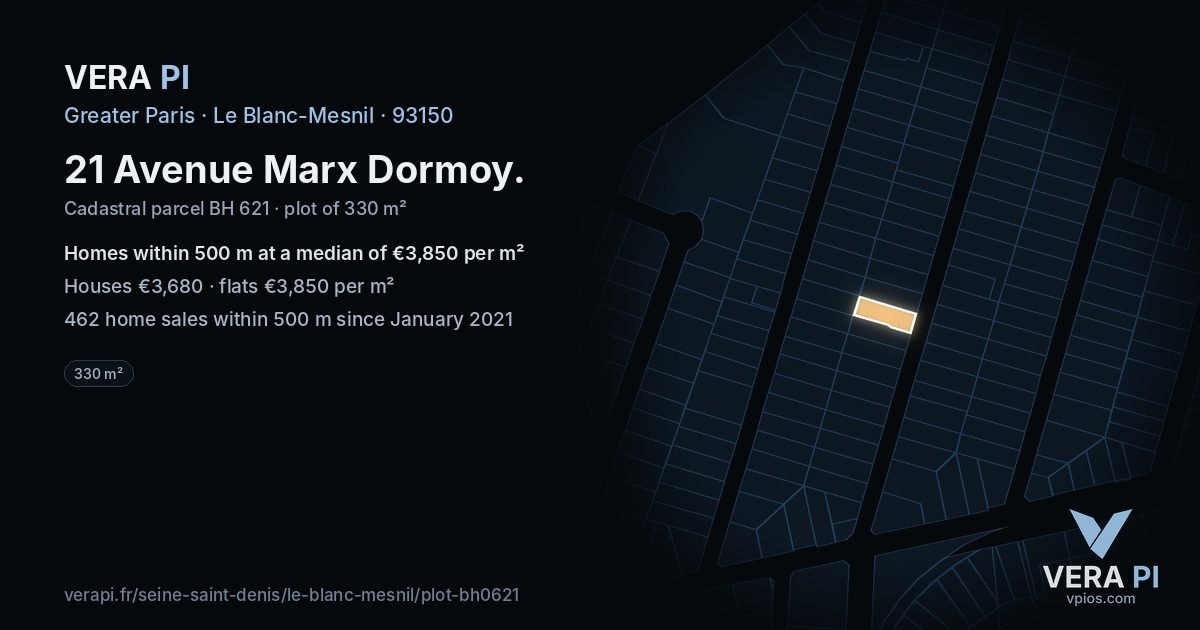 21 Avenue Marx Dormoy, Le Blanc-Mesnil at night – the plot lit, the parcels around coloured by the prices near them