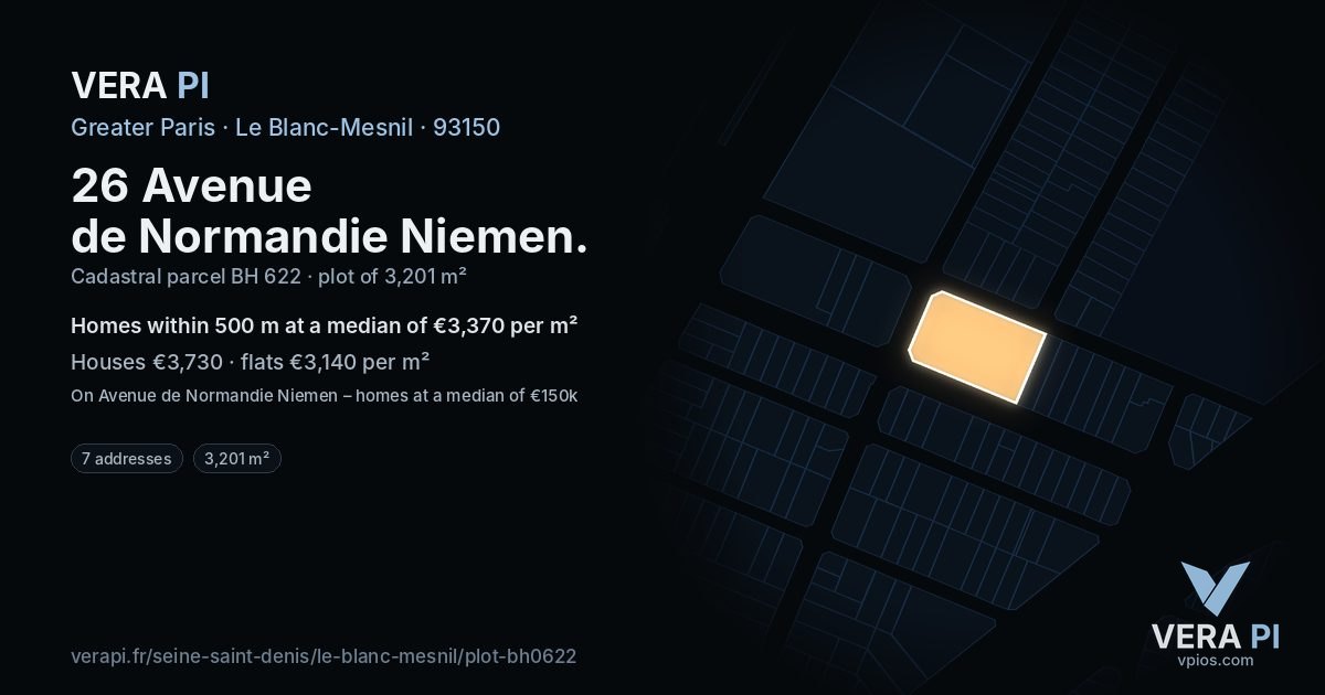 26 Avenue de Normandie Niemen, Le Blanc-Mesnil at night – the plot lit, the parcels around coloured by the prices near them