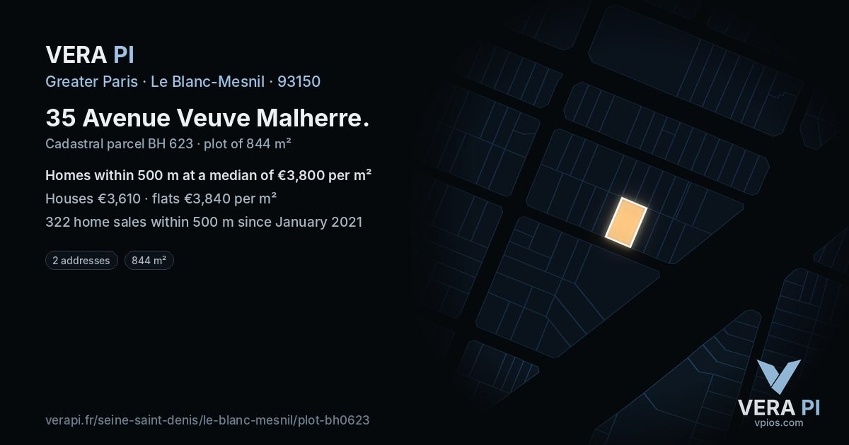 35 Avenue Veuve Malherre, Le Blanc-Mesnil at night – the plot lit, the parcels around coloured by the prices near them